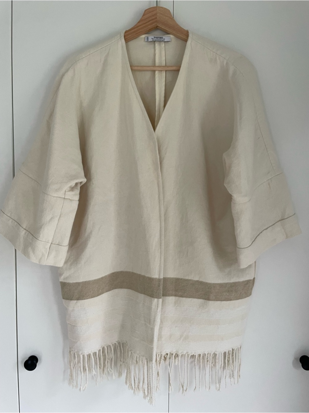 Mango Cotton Linen Blend Fringe Kimono Cardigan Cream OS